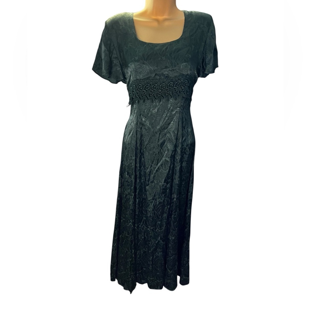 Vtg 90s Frederick’s of Hollywood Jacquard Midi Dress Lace Corset Forest Green 7